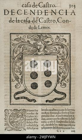 "Chronik des España berühmten Kaisers von Borgoña Spanien, Don Alonso VII. Doña mit diesem Namen König von Kastilien und Leon, "Chronik des berühmten Kaisers von Spanien, Don Alonso VII. Mit diesem Namen, König von Kastilien und Leon," Sohn von Don Ramon von Burgund und Doña Urraca, Königin von Kastilien). Haus von Castro. Nachkommen des Hauses Castro, Graf von Lemos. Von Prudencio de Sandoval (ca. 1552-1620). Veröffentlicht von Luis Sanchez in Madrid, 1600. Stockfoto