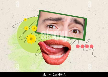 Kreative Composite-Foto-Collage von beschnittenen, staunenden Männeraugen, die auf großen Mund starren und Zähne lecken, isoliert auf gemaltem Hintergrund Stockfoto