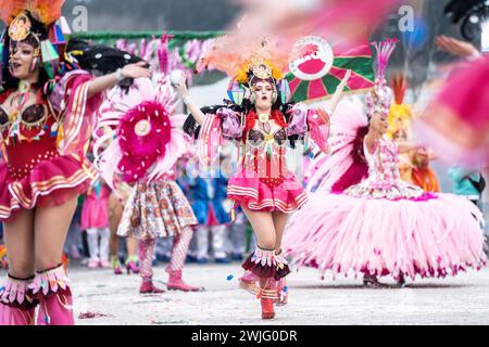 Estarreja, Portugal. Februar 2024. Estarreja, 13-02-2024 - Estarreja Karneval. Grande Corso (vier Samba-Schulen, acht Revelry-Gruppen, eine Catwalk-Gruppe, 15 Wagen, 1.200 Extras) Credit: Atlantico Press/Alamy Live News Stockfoto