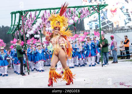 Estarreja, Portugal. Februar 2024. Estarreja, 13-02-2024 - Estarreja Karneval. Grande Corso (vier Samba-Schulen, acht Revelry-Gruppen, eine Catwalk-Gruppe, 15 Wagen, 1.200 Extras) Credit: Atlantico Press/Alamy Live News Stockfoto