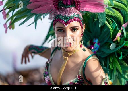 Estarreja, Portugal. Februar 2024. Estarreja, 13-02-2024 - Estarreja Karneval. Grande Corso (vier Samba-Schulen, acht Revelry-Gruppen, eine Catwalk-Gruppe, 15 Wagen, 1.200 Extras) Credit: Atlantico Press/Alamy Live News Stockfoto