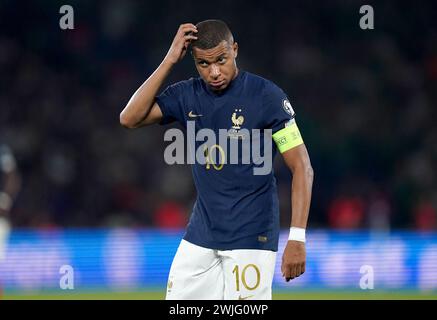 Aktenfoto vom 07-09-2023 von Stürmer Kylian Mbappe, der Paris St. Germain gesagt hat, dass er den Club am Ende der Saison verlassen wird, versteht die Nachrichtenagentur PA. Ausgabedatum: Donnerstag, 15. Februar 2024. Stockfoto