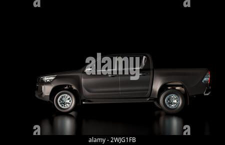 Seitenansicht eines schwarzen Pick-up-Lkws, dunkler Hintergrund. Niemand.3d-Rendering-Illustration Stockfoto