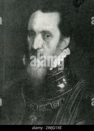 Dieses Gemälde ist in einem Museum in Anmsterdam untergebracht. Es zeigt Ferdinand Alvarez von Toledo, den Herzog von Alba. Fernando Álvarez de Toledo, Herzog von Alba (1507–1582) oder Alva, war ein spanischer General und Staatsmann. Wegen seiner Rücksichtslosigkeit als eiserner Herzog bekannt, gelang es ihm fast, den Aufstand in den Niederlanden gegen Spanien niederzuschlagen. Das Council of Troubles war ein Sondertribunal, das am 9. September 1567 von Fernando Álvarez de Toledo, 3. Herzog von Alba, Generalgouverneur der Habsburger Niederlande, auf Befehl von Philipp II. Von Spanien eingerichtet wurde, um die Ringführer der jüngsten Politik zu bestrafen Stockfoto