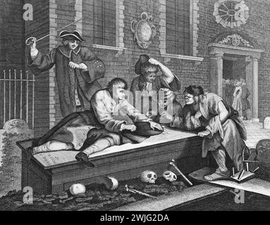 Schwarz-weiß-Illustration: „Der Aprentice beim Spiel im Kirchhof während des Gottesdienstes“. Stich nach William Hogarth (1697–1764) aus seiner Serie „Industrie und Müßiggang“. Hogarths frühere Serie gemalter Werke, „The Harlot's Progress“ und „Marriage à-la-Mode“, die später als Stiche veröffentlicht wurden, „Industry and Müßiggang“ wurde von Anfang an graviert. Hogarths Ziel in dieser Serie war es, die möglichen Belohnungen für harte Arbeit und die Fallstricke, dies nicht zu tun, zu veranschaulichen, eine Botschaft, die sich hauptsächlich an arbeitende Kinder richtete. Diese Reproduktion stammt von Thomas Cook, 1806. Stockfoto