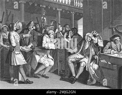 Black-White-Illustration: „Der fleißige „Prentice Alderman of London; der Idle One brachte ihn vor und wurde von seinem Komplizen angeklagt.“ Stich nach William Hogarth (1697–1764) aus seiner Serie „Industrie und Müßiggang“. Hogarths frühere Serie gemalter Werke, „The Harlot's Progress“ und „Marriage à-la-Mode“, die später als Stiche veröffentlicht wurden, „Industry and Müßiggang“ wurde von Anfang an graviert. Hogarths Ziel in dieser Serie war es, die möglichen Belohnungen für harte Arbeit und die Fallstricke, dies nicht zu tun, zu veranschaulichen, eine Botschaft, die sich hauptsächlich an arbeitende Kinder richtete. Stockfoto