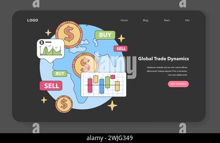 Global Trade Dynamics Konzept. Weltmarktaktivität mit Kauf- und Verkaufsindikatoren. Internationale Wechselkursbewegungen. Illustration des flachen Vektors. Stock Vektor