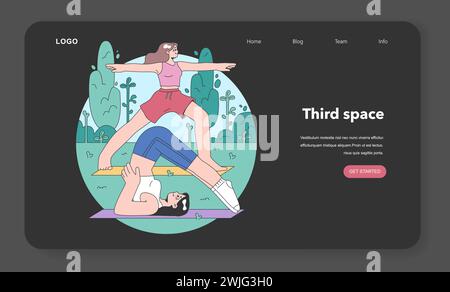 Dritter Platz Webbanner oder Landing-Page im Nacht- oder Dunkelmodus. Geselliges Umfeld. Community Life Building, People Interaction und Kommunikationszone. Illustration des flachen Vektors Stock Vektor