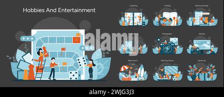 Hobbys und Unterhaltung. Vielfältige Freizeitaktivitäten von Spielen bis Gartenarbeit. Freizeit im Innen- und Außenbereich, kreative Künste, sportliches Engagement. Eine Sammlung fröhlicher Freizeitaktivitäten. Flacher Vektor Stock Vektor
