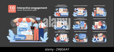 Interaktiver Vektorsatz Für Interaktion. Eine Sammlung, in der verschiedene digitale Marketingstrategien und Techniken zur Kundenbindung vorgestellt werden. Umfasst soziale Medien, Datenanalyse und VR. Flacher Vektor. Stock Vektor