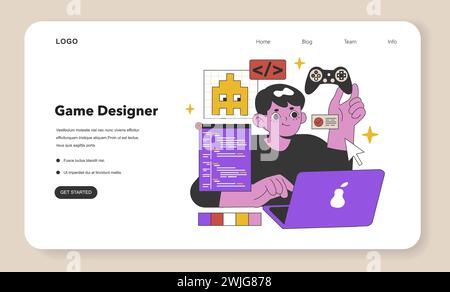 Dynamic Game Designer Entwickelt Interaktive Welten. Ein digitaler Künstler kodiert und konzeptualisiert immersive Spielerlebnisse mit Kreativität und Technologie. Illustration des flachen Vektors Stock Vektor