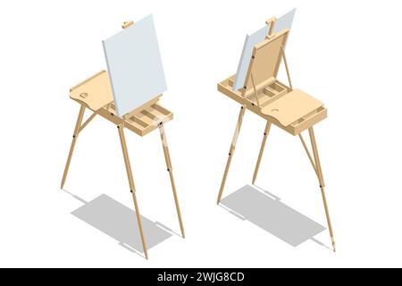 Isometrische saubere Leinwand auf einer Holzstaffelei isoliert auf weißem Hintergrund. Kunst, Kreativität, Hobby, Job und kreative Beschäftigung Stock Vektor