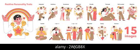 Eine lebendige Sammlung von Vektorillustrationen zeigt eine vielfältige Gruppe von Menschen, die positive Persönlichkeitsmerkmale wie Anpassungsfähigkeit, Ehrgeiz und Freundlichkeit verkörpern. Stock Vektor