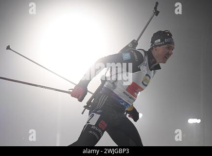 15. Februar 2024, Tschechien, Nove Mesto Na Morave: Biathlon, Weltmeisterschaften, Einzelstaffel, gemischt: Justus Strelow aus Deutschland in Aktion. Foto: Hendrik Schmidt/dpa Stockfoto