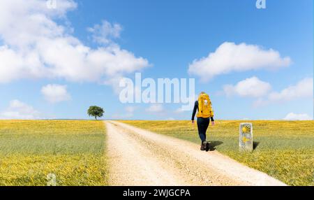 Jakobsweg - Ein junger Pilger mit gelbem Rucksack, der allein auf dem Jakobsweg unterwegs ist, auf einer Pilgerreise nach Santiago de Compostela, Spanien - Sele Stockfoto