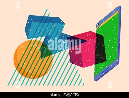 Risograph Smartphone mit geometrischen Formen. Objekte in trendigem Riso-Grafik-Design mit Texturelementen. Stock Vektor