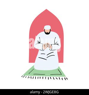 Muslimischer Mann betet. Gebete in der Gemeinde. Muslimischer Mann betet in weißer Kleidung, isolierte Zeichentrick-flache Vektor-Illustration. Stock Vektor