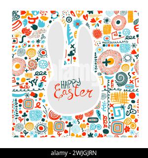 Osterkarte mit Häschen. Postkarte Happy Easter. Handzeichnung. Nicht AI. Vektorabbildung Stock Vektor