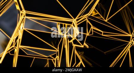 Abstrakte goldene geometrische Linien vor dunklem Hintergrund in einer 3D-Rendering-Illustration für moderne Kunst Stockfoto