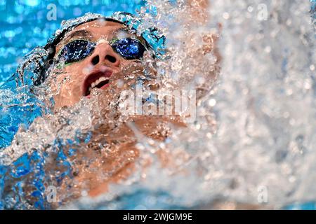 Doha, Katar. Februar 2024. John Shortt aus Irland tritt am 15. Februar 2024 im Halbfinale der 200-m-Backstroke-Männer bei der 21. Aquatics-Weltmeisterschaft im Aspire Dome in Doha (Katar) an. Quelle: Insidefoto di andrea staccioli/Alamy Live News Stockfoto