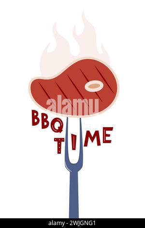 Fleisch auf Gabel, BBQ Time Schriftzug. Rindfleisch-Logo. Barbecue-Logo. Restaurantmenü. Landingpage für Grillparty, Banner, Flyer. Vektorabbildung Stock Vektor