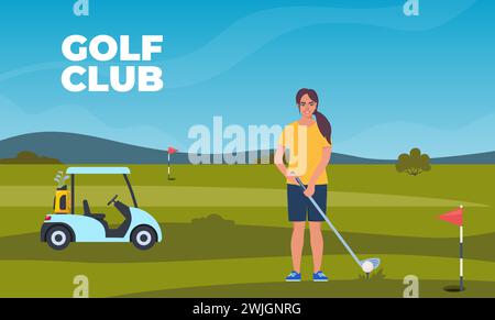 Frau, die Golf spielt. Golfspieler mit Golfschläger auf grünem Gras, Tasche mit professioneller Ausrüstung und Fahrwagen, Sportspiel Outdoor-Konzept. Sommer-Hobby A Stock Vektor