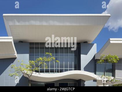 Moderne Gebäudefassade mit Baum auf blauem Himmel Hintergrund Stockfoto