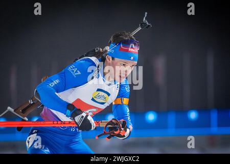 Tommaso Giacomel (ITA) tritt am 15. Februar 2024 beim Single Mixed Stay Rennen bei der Biathlon-Weltmeisterschaft in Nove Mesto na Morave in Tschechien an. (CTK Foto/Jaroslav Svoboda) Stockfoto