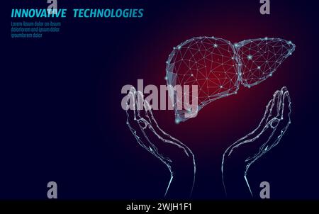 Welt Hepatitis Tag Bewusstsein 28 Juli Leber Gesundheit. Medizin Low Poly Modell menschliche Organ Hand halten polygonale geometrische Vektor Illustration. Stock Vektor