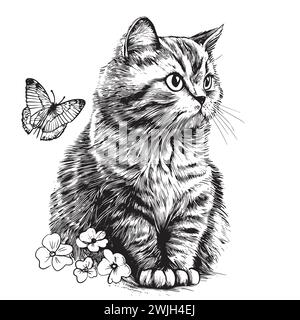 Hand gezeichnete Tinte Kritzelkatze und Blumen auf weißem Hintergrund. Design für Erwachsene, Poster, Druck, T-Shirt, Einladung, Banner, Flyer. Skizze. Stock Vektor