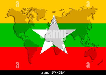 Nationalflagge des Staates Myanmar auf wunderschöner Seide, das Konzept des Tourismus, der Auswanderung, der Wirtschaft, der Politik, der Bürgerrechte und -Freiheiten Stockfoto