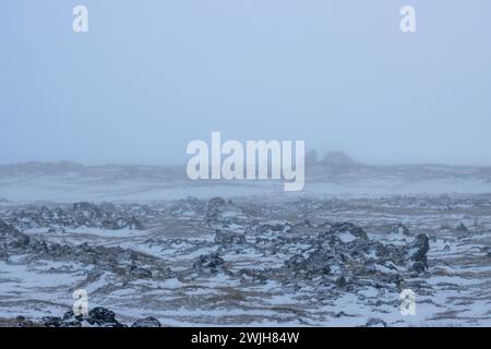 Abend am See. Spätes Tageslicht, Nebel und regnerisches Wetter ließen die Fotos einfarbig mit einem Blauton erscheinen. Details zu den vulkanischen Wellen und Felsen Stockfoto