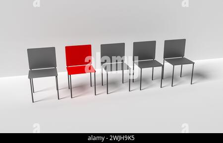 Darstellung der Individualität und Führung im Unternehmen. Ein roter Anführer und vier verschiedene Stühle. Stockfoto