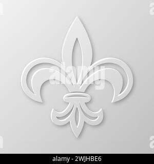 Vector Realistic Paper 3D Fleur De Lis Nahaufnahme auf weißem Hintergrund. Heraldisches Lily-Zeichen, Vektorbild Stock Vektor