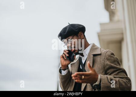 Stilvoller Geschäftsmann in klassischer Kleidung, der sich im Freien mit einem Mobiltelefon unterhalten kann. Stockfoto