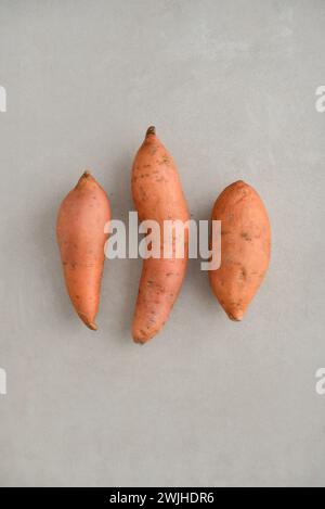 Satz frischer, ganzer Süßkartoffeln auf hellem Hintergrund. Draufsicht Stockfoto
