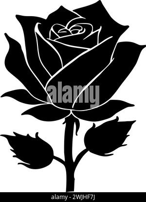 Schwarze grafische Zeichnung einer Rosenblume mit Blättern, einfarbig, dekoratives Element Stockfoto