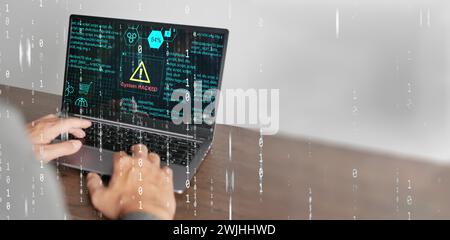 Cybersicherheitskonzept. Warnmeldungen zu einem Hacker des Systems auf einem Notebook-Bildschirm des Computers. Cyberkriminalität, Viren, Online-Hacking, Cyberangriffe, bösartige Malware Stockfoto