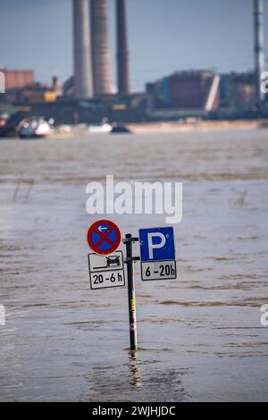 Hochwasser des Rheins, am Anleger der Rheinfähre zwischen Duisburg-Walsum und Rheinberg-Orsoy, NRW, Deutschland, Stockfoto