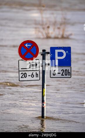 Hochwasser des Rheins, am Anleger der Rheinfähre zwischen Duisburg-Walsum und Rheinberg-Orsoy, NRW, Deutschland, Stockfoto