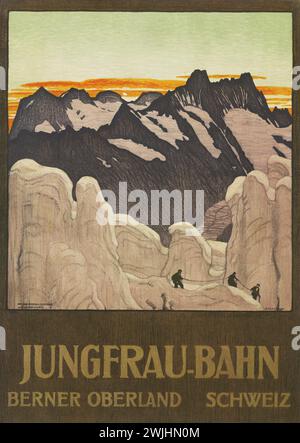 Vintage Swiss Rail-Reiseposter. Die Schweizer Jungfrau-Bahn zeigt die Berge und eine Gruppe von Kletterern, die auf den Gletschern spazieren gehen. Schweiz 1930er Jahre Stockfoto