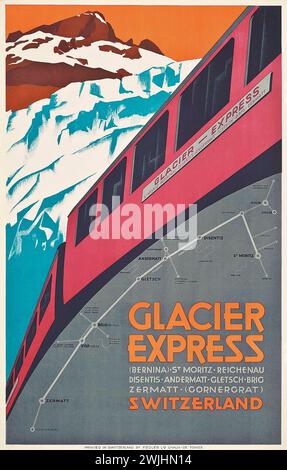 Vintage Swiss Rail-Reiseposter. Glacier Express. Das Poster zeigt den roten Zug nach Zermatt und eine Karte der Strecke. Schweiz 1920er Jahre Stockfoto