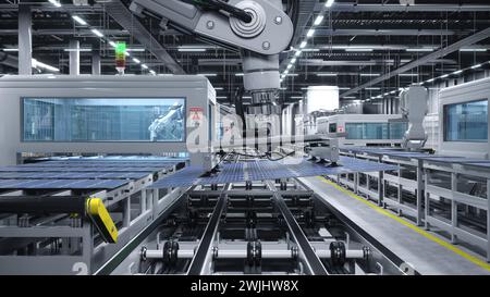 Industrieroboterarm in hochmodernen Solarpaneelen, die Photovoltaik-Module manövrieren. PV-Zellen, hergestellt in umweltfreundlicher Anlage mit Montagelinien, 3D-Rendering-Illustration Stockfoto