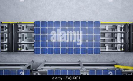 Top-Down-Ansicht der Solarpaneele an der Montagelinie, die von High-Tech-Roboterarmen in einer modernen, nachhaltigen Fabrik betrieben wird. Luftaufnahme von Photovoltaik, hergestellt in einer modernen automatisierten Anlage Stockfoto