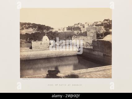 Vintage-Palästina-Foto vom Pool of David in Hebron. Blick auf King David's Pool, auch King's Pool genannt, in Hebron, umgeben von den Backsteinmauern und Gebäuden der Stadt. Vieh schlürft aus einer Rinne neben dem Pool im Vordergrund. Von John Cramb 1860, Stockfoto