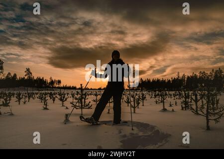 Frauen mittleren Alters in Schneeschuhen posieren im dunklen abendlichen jungen Kiefernwald. Der Abendsonntag scheint tief am Himmel im Hintergrund. Nahaufnahme des Fotos Stockfoto