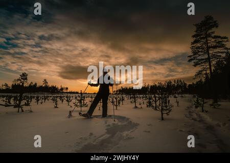 Frauen mittleren Alters in Schneeschuhen posieren im dunklen abendlichen jungen Kiefernwald. Der Abendsonntag scheint tief am Himmel im Hintergrund. Stockfoto