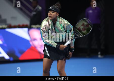 DOHA, KATAR - 15. FEBRUAR: Naomi Osaka aus Japan spielt im Viertelfinalspiel der Frauen gegen Karolina Pliskova aus Tschechien während der Qatar TotalEnergies Open, Teil der Hologic WTA Tour im Khalifa International Tennis and Squash Complex am 15. Februar 2024 in Doha, Katar. (MB Media) Guthaben: MB Media Solutions/Alamy Live News Stockfoto