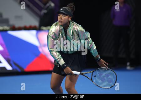 DOHA, KATAR - 15. FEBRUAR: Naomi Osaka aus Japan spielt im Viertelfinalspiel der Frauen gegen Karolina Pliskova aus Tschechien während der Qatar TotalEnergies Open, Teil der Hologic WTA Tour im Khalifa International Tennis and Squash Complex am 15. Februar 2024 in Doha, Katar. (MB Media) Guthaben: MB Media Solutions/Alamy Live News Stockfoto