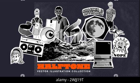 Gruppe von zufälligen Objekten, die im Halbton-Grunge-Asset-Collection enthalten sind. Vektor-Pop-Art. Stock Vektor